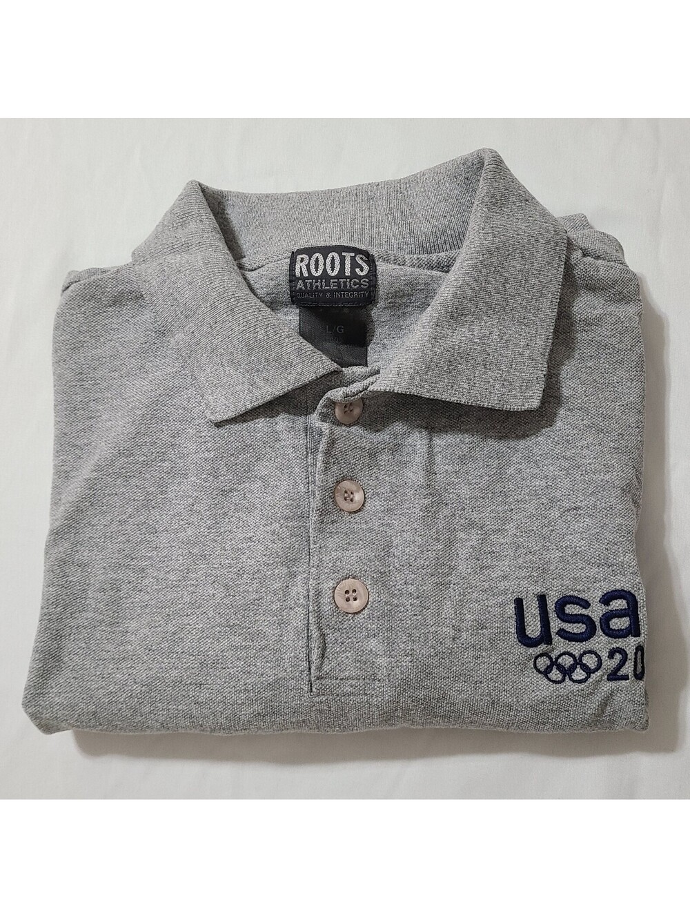 Vtg 2002 Roots Athletics Olympics Polo Shirt Mens Size Large Gray Salt Lake City